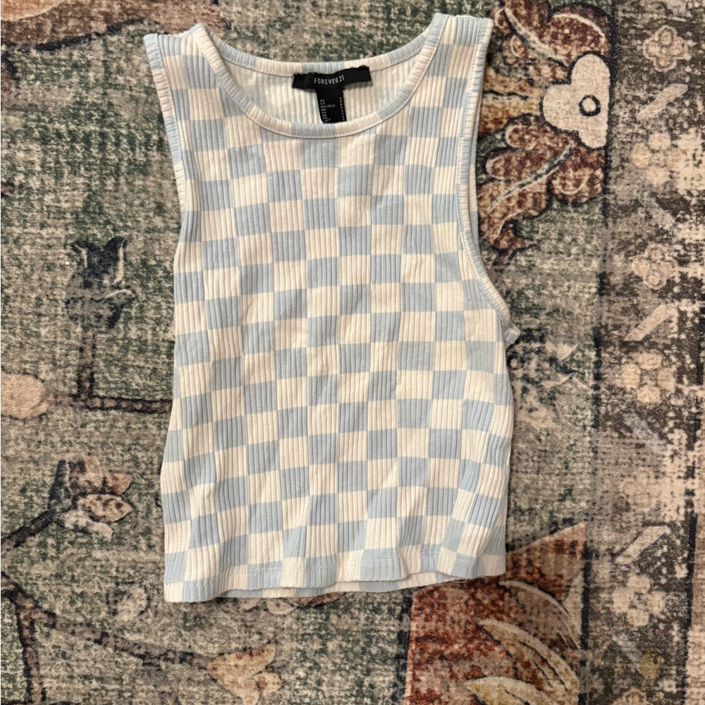 Forever 21 Light Blue and White Checkered Tank Top